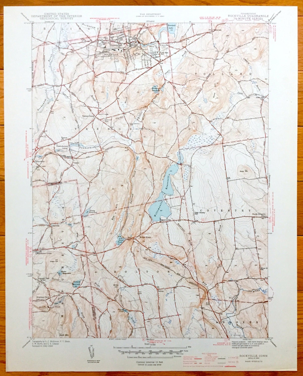 Antique Rockville, Connecticut 1944 US Geological Survey Topographic Map – Andover, Bolton, Coventry, Tolland, Vernon, Manchester, CT