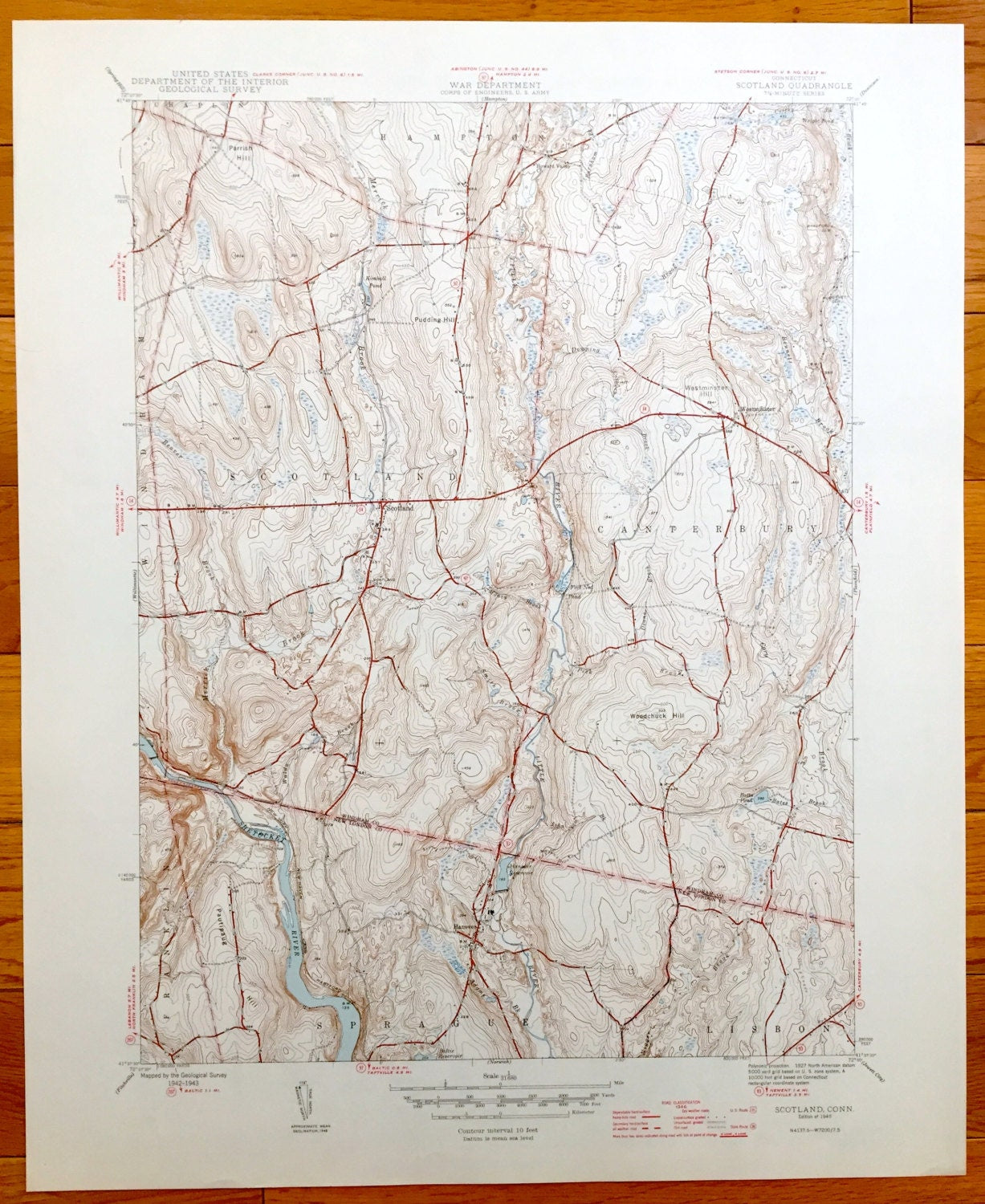Antique Scotland, Connecticut 1946 US Geological Survey Topographic Map – Shetucket River, Windham County, Canterbury, Sprague, Lisbon, CT