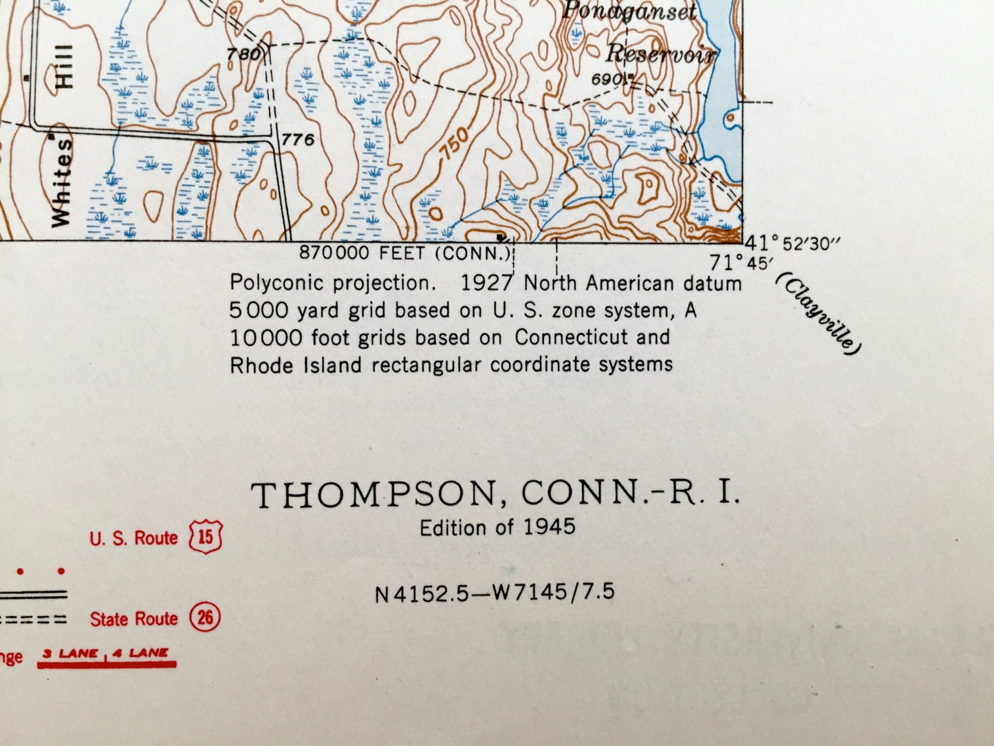 Antique Thompson, Connecticut 1945 US Geological Survey Topographic Map – Putnum, Killingly & Burrillville, Glocester, Rhode Island CT RI