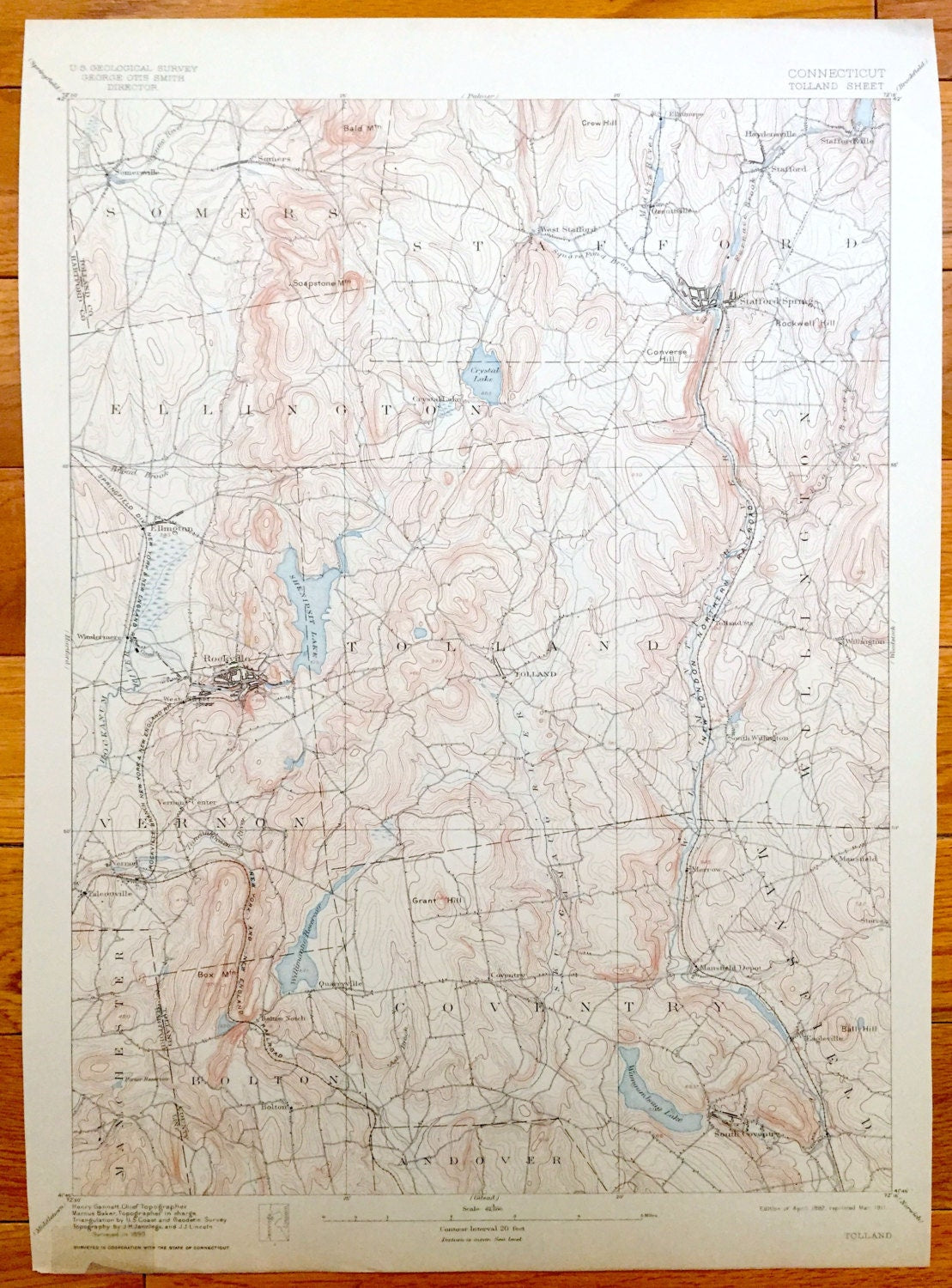 Antique Tolland, Connecticut 1892 US Geological Survey Topographic Map – Rockville, Coventry, Ellington, Somers, Stafford Springs, County CT