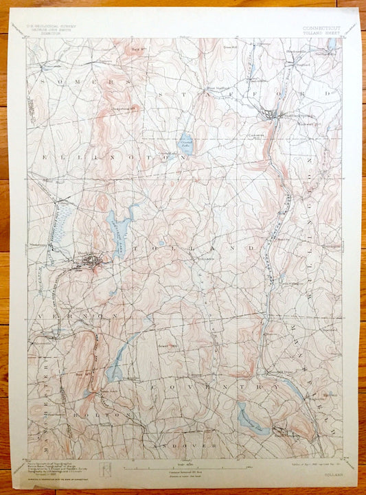 Antique Tolland, Connecticut 1892 US Geological Survey Topographic Map – Rockville, Coventry, Ellington, Somers, Stafford Springs, County CT