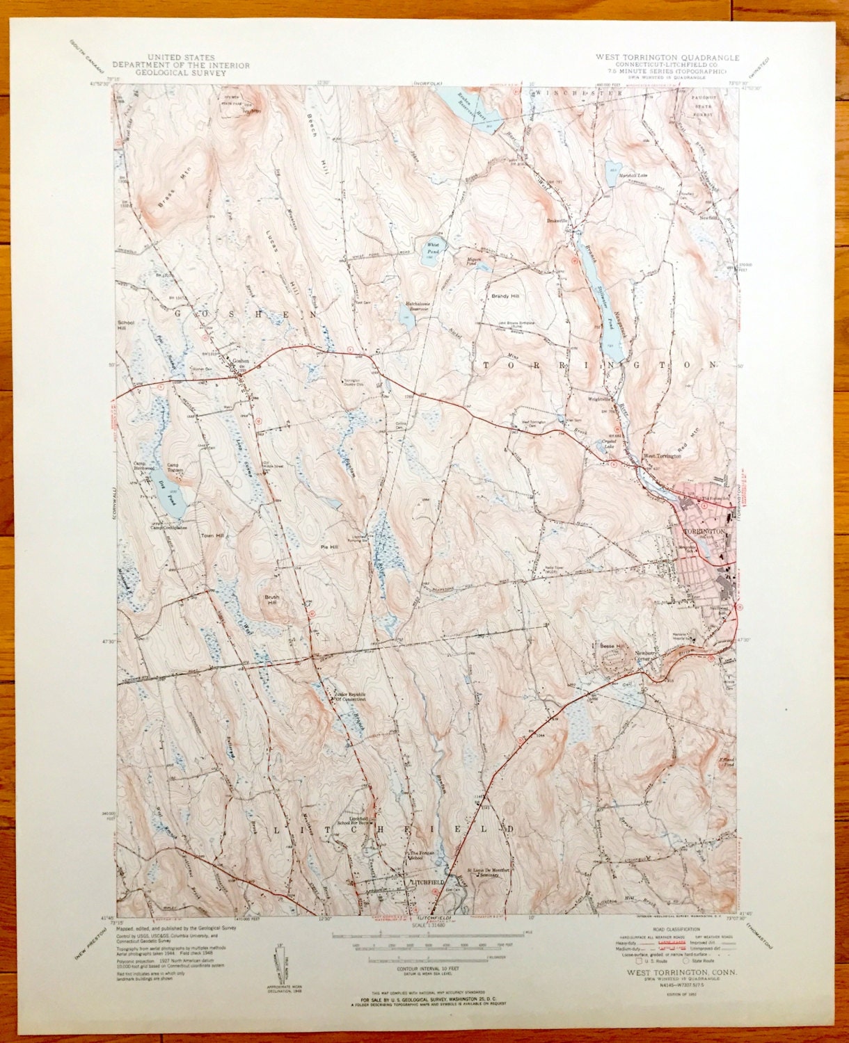 Antique Torrington, Connecticut 1945 US Geological Survey Topographic Map – Litchfield, Goshen, Winchester, Newfield, Wrightville, Forbes CT