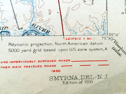 Antique Smyrna, Delaware 1931 US Geological Survey Topographic Map – Townsend, Odessa, Middletown, Clayton, Bay View Beach, New Castle, DE