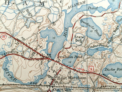 Antique Wareham, Massachusetts 1939 US Geological Survey Topographic Map – Carver, Plymouth, Oakdale, Bourne, Myles Standish, County, MA