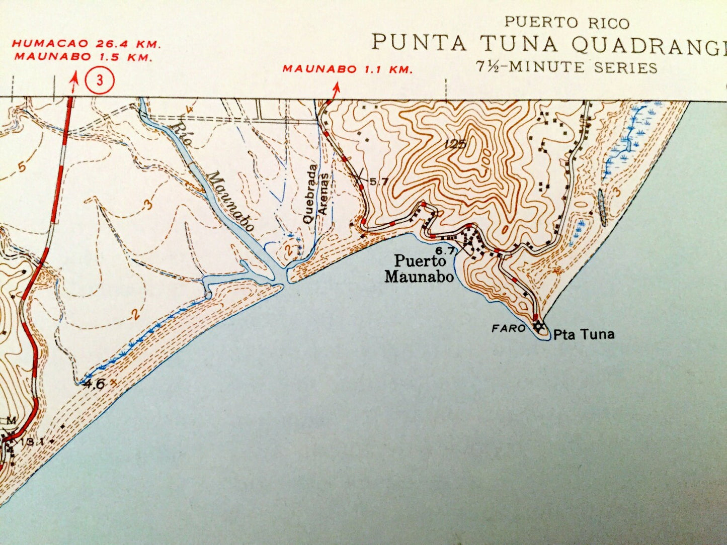 Antique Punta Tuna, Puerto Rico 1945 US Geological Survey Topographic Map – Mar Caribe, Maunabo, Patillas, San Isidro, Punta Viento Hueca PR