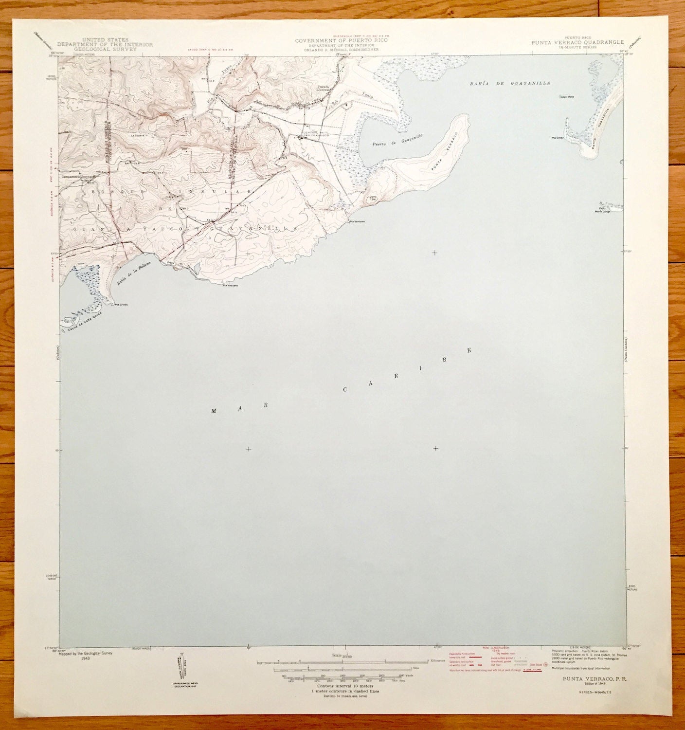 Antique Punta Verraco, Puerto Rico 1946 US Geological Survey Topographic Map - Guanica, Yauco, Guayanilla, Campamento Boriquen, Lluveras