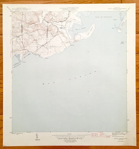 Antique Punta Verraco, Puerto Rico 1946 US Geological Survey Topographic Map - Guanica, Yauco, Guayanilla, Campamento Boriquen, Lluveras