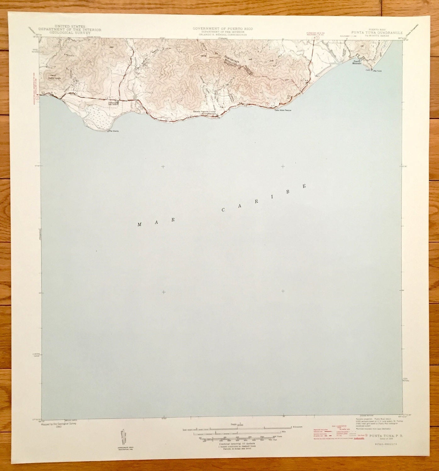 Antique Punta Tuna, Puerto Rico 1945 US Geological Survey Topographic Map – Mar Caribe, Maunabo, Patillas, San Isidro, Punta Viento Hueca PR