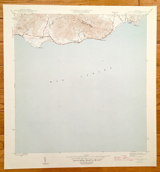 Antique Punta Tuna, Puerto Rico 1945 US Geological Survey Topographic Map – Mar Caribe, Maunabo, Patillas, San Isidro, Punta Viento Hueca PR