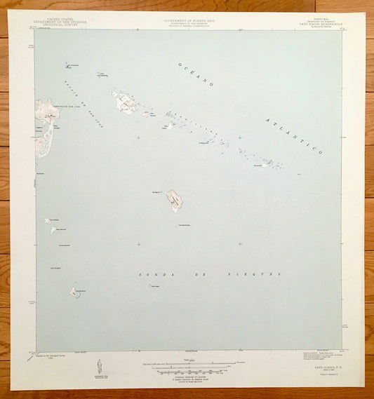 Antique Cayo Icacos, Puerto Rico 1945 US Geological Survey Topographic Map – Fajardo, La Cardillera, Pasaje de San Juan, Cabezas, Vieques PR