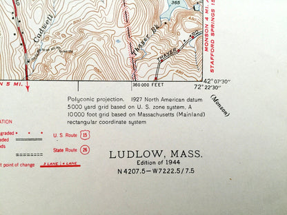 Antique Ludlow, Massachusetts 1944 US Geological Survey Topographic Map – Hampden, Hampshire County, Granby, Belchertown, Palmer, Monson, MA