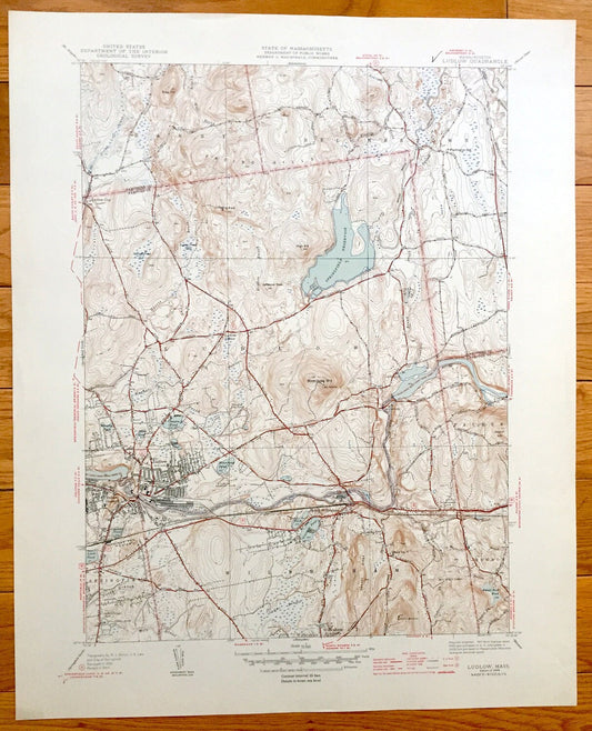 Antique Ludlow, Massachusetts 1944 US Geological Survey Topographic Map – Hampden, Hampshire County, Granby, Belchertown, Palmer, Monson, MA