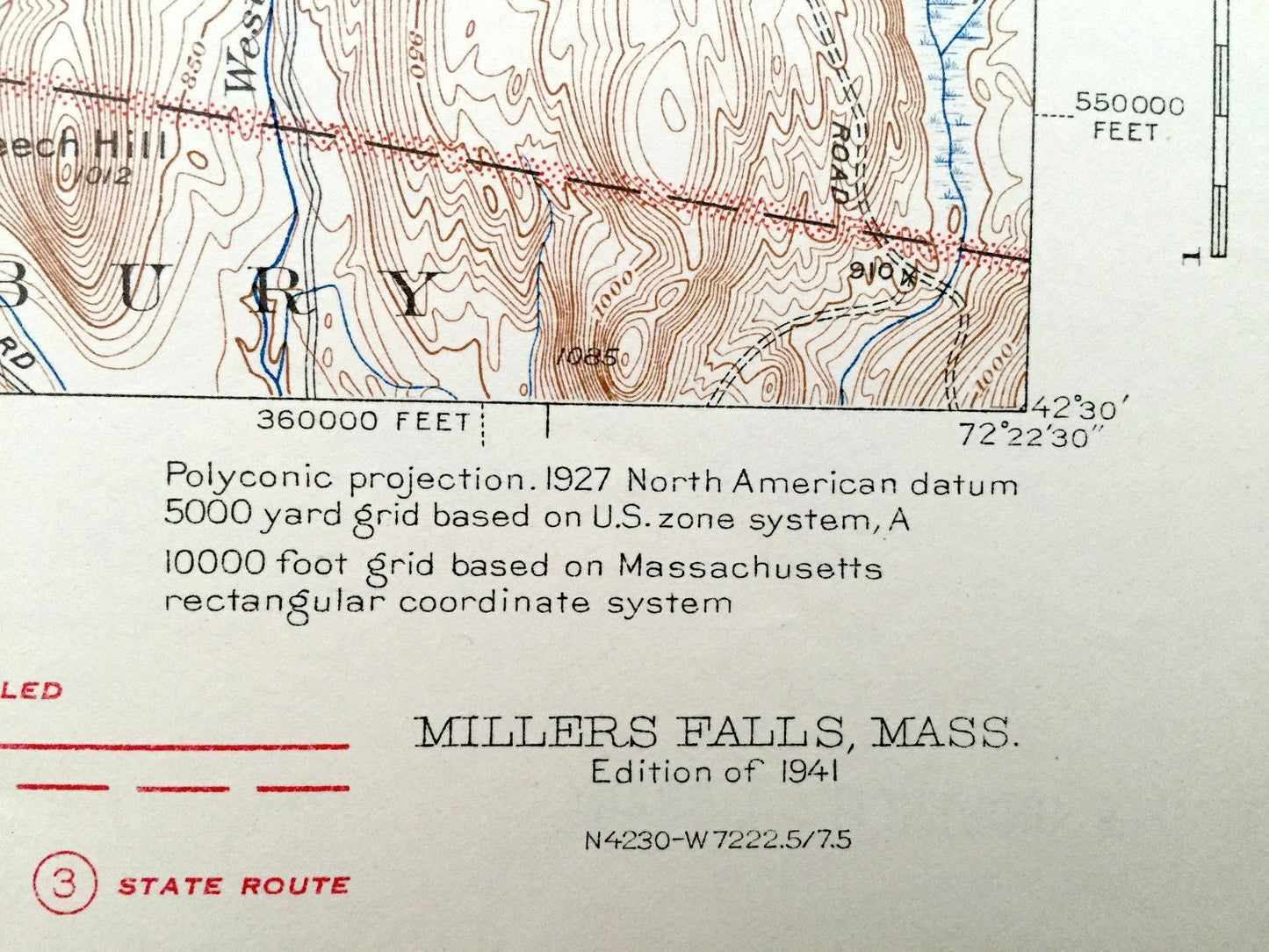 Antique Millers Falls, Massachusetts 1941 US Geological Survey Topographic Map – Franklin County, Wendell, Montague, Erving, Northfield, MA