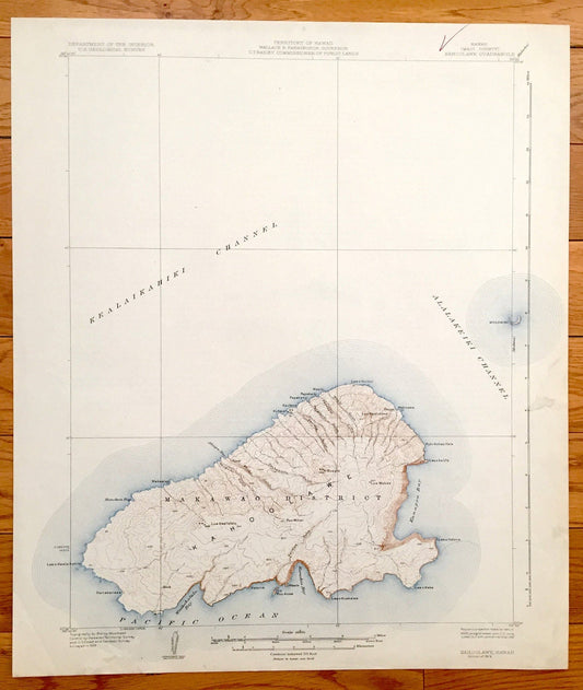 Antique Kahoolawe, Hawaii 1929 US Geological Survey Topographic Map – Makawao District, Heiau, Molokini, Kealaikahiki Kanapou Honokoa Bay HI