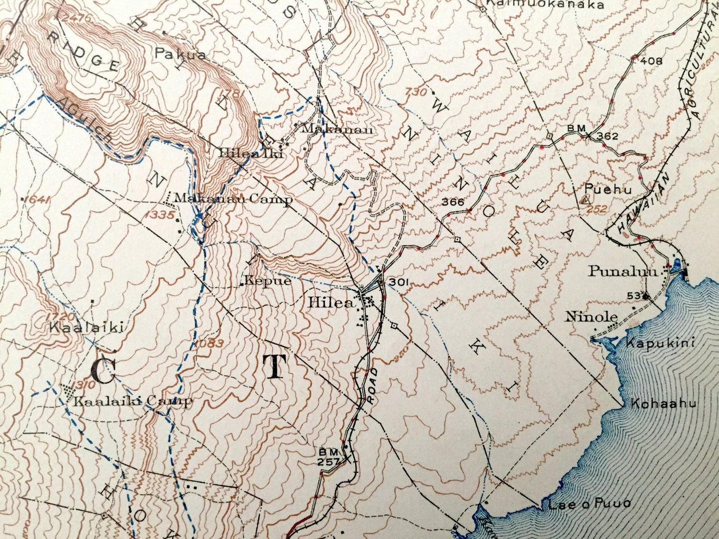 Antique Honuapo, Hawaii 1924 US Geological Survey Topographic Map – Kua District, Hilea, Naalehu, Kolukahi, Punaluu, Ninole, Waiohinu, HI