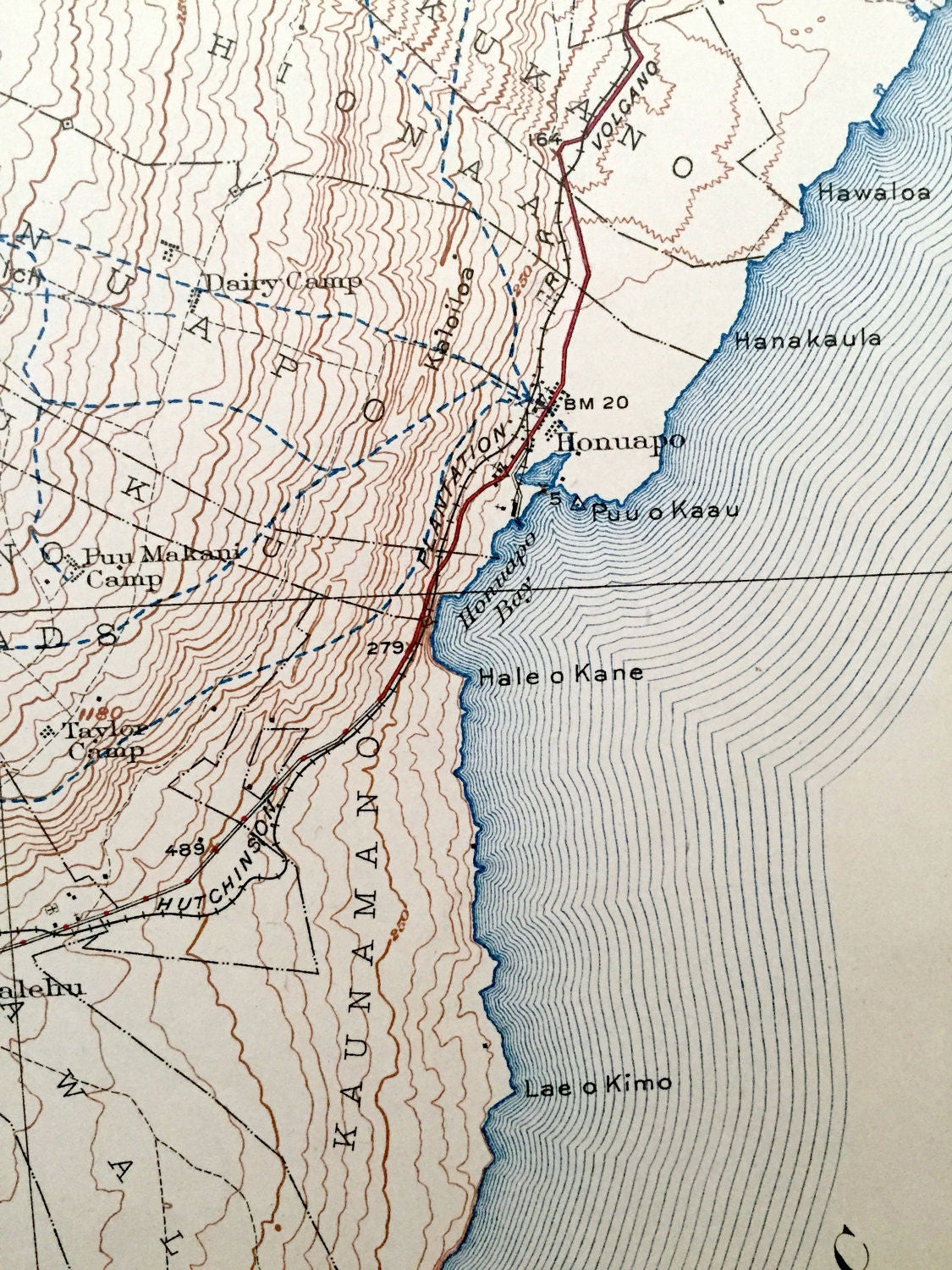 Antique Honuapo, Hawaii 1924 US Geological Survey Topographic Map – Kua District, Hilea, Naalehu, Kolukahi, Punaluu, Ninole, Waiohinu, HI