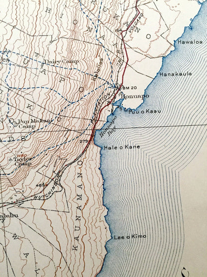 Antique Honuapo, Hawaii 1924 US Geological Survey Topographic Map – Kua District, Hilea, Naalehu, Kolukahi, Punaluu, Ninole, Waiohinu, HI