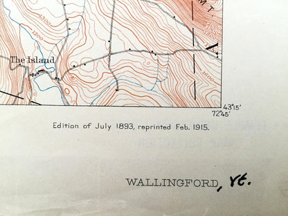 Antique Wallingford, Vermont 1893 US Geological Survey Topographic Map – Clarendon, Shrewsbury, Mount Holly, Mount Tabor, Weston, Peru, VT