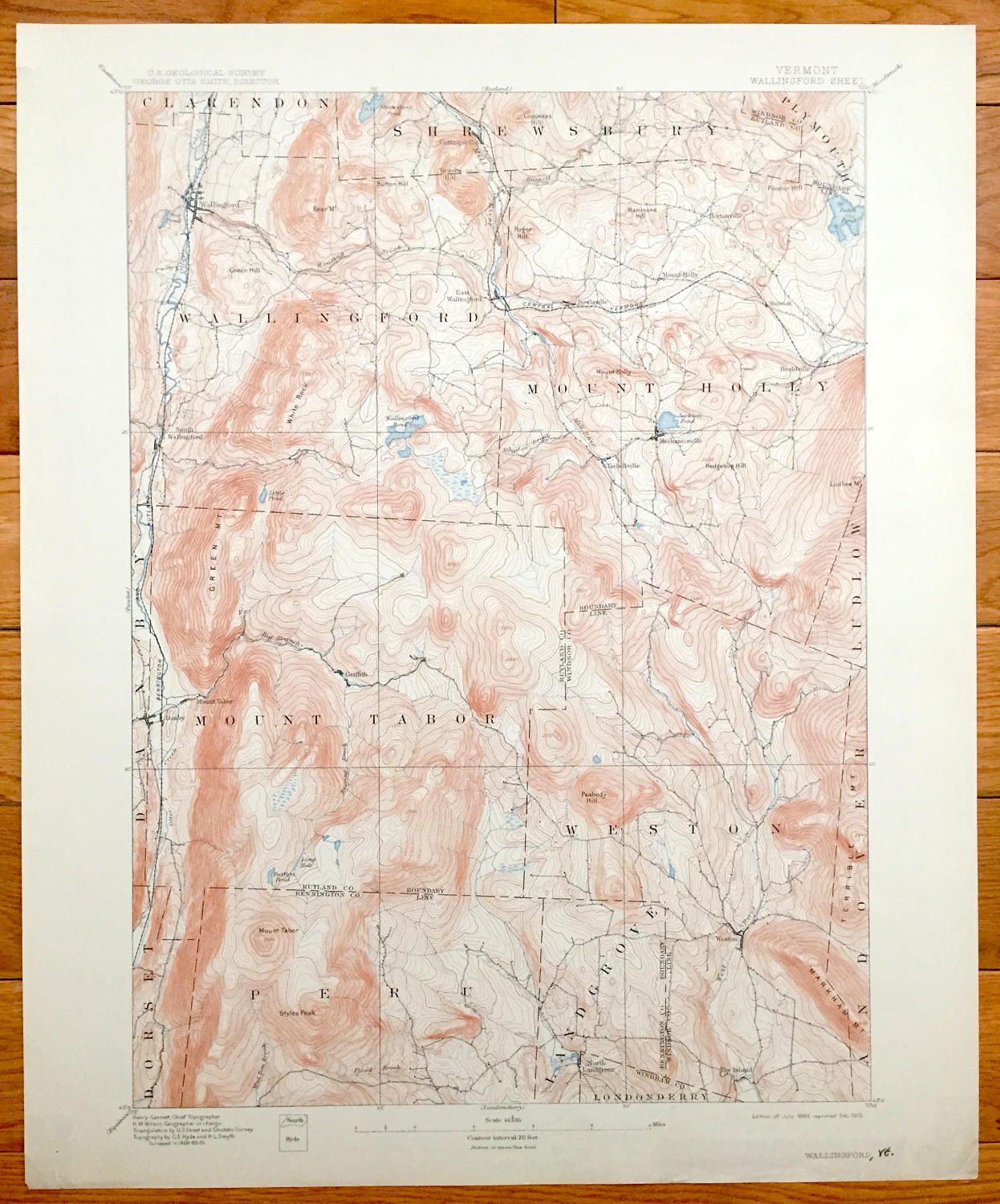 Antique Wallingford, Vermont 1893 US Geological Survey Topographic Map – Clarendon, Shrewsbury, Mount Holly, Mount Tabor, Weston, Peru, VT