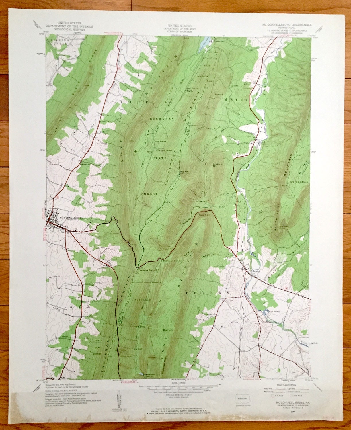 Antique McConnellsburg, Pennsylvania 1944 US Geological Survey Topographic Map – Peters Todd Buchanan State Forest Franklin Fulton County PA