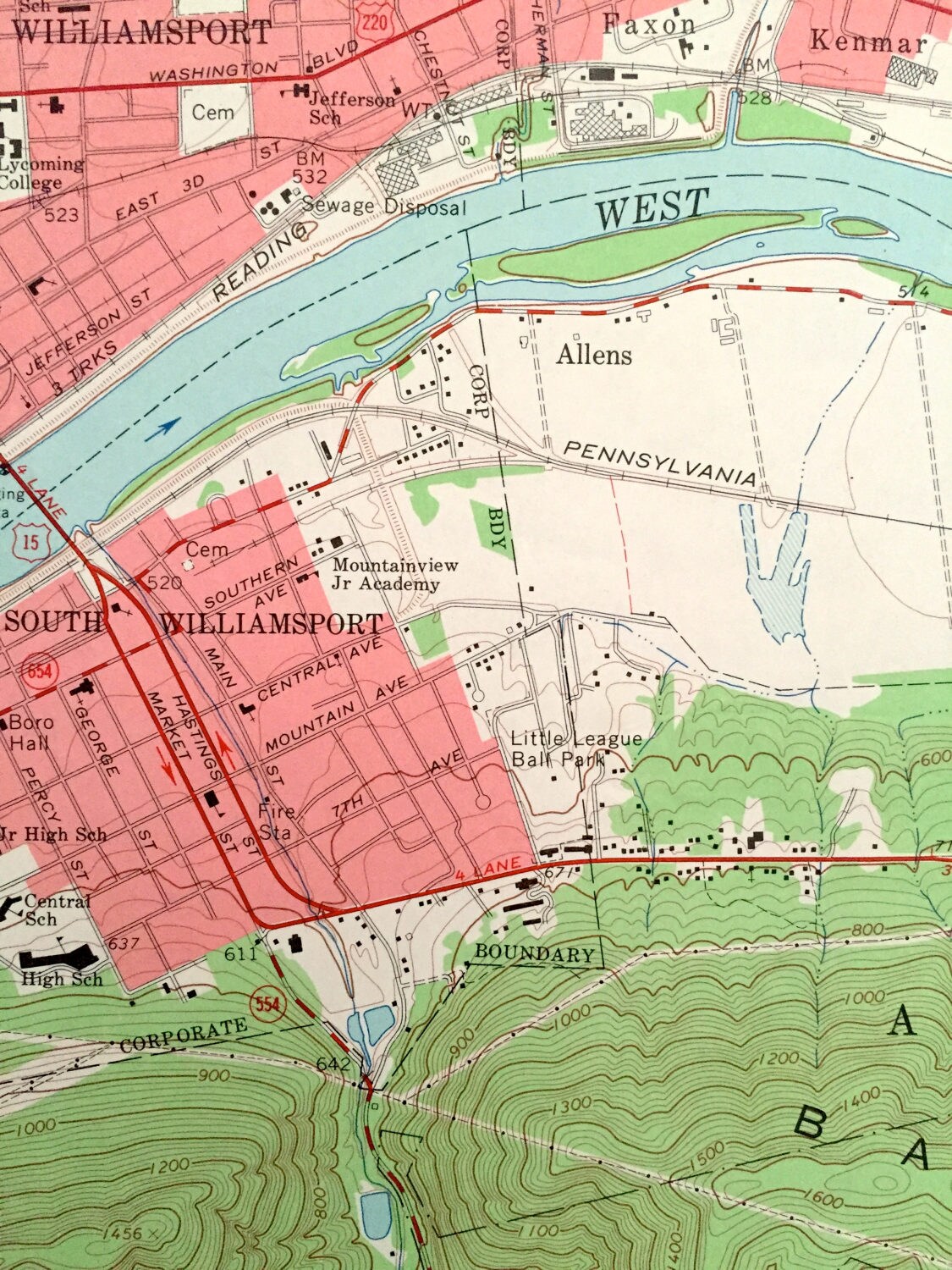 Antique Montoursville South, Pennsylvania 1965 US Geological Survey Topographic Map – Loyalsock, South Williamsport, Armstrong, Brady, Gregg