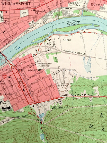 Antique Montoursville South, Pennsylvania 1965 US Geological Survey Topographic Map – Loyalsock, South Williamsport, Armstrong, Brady, Gregg