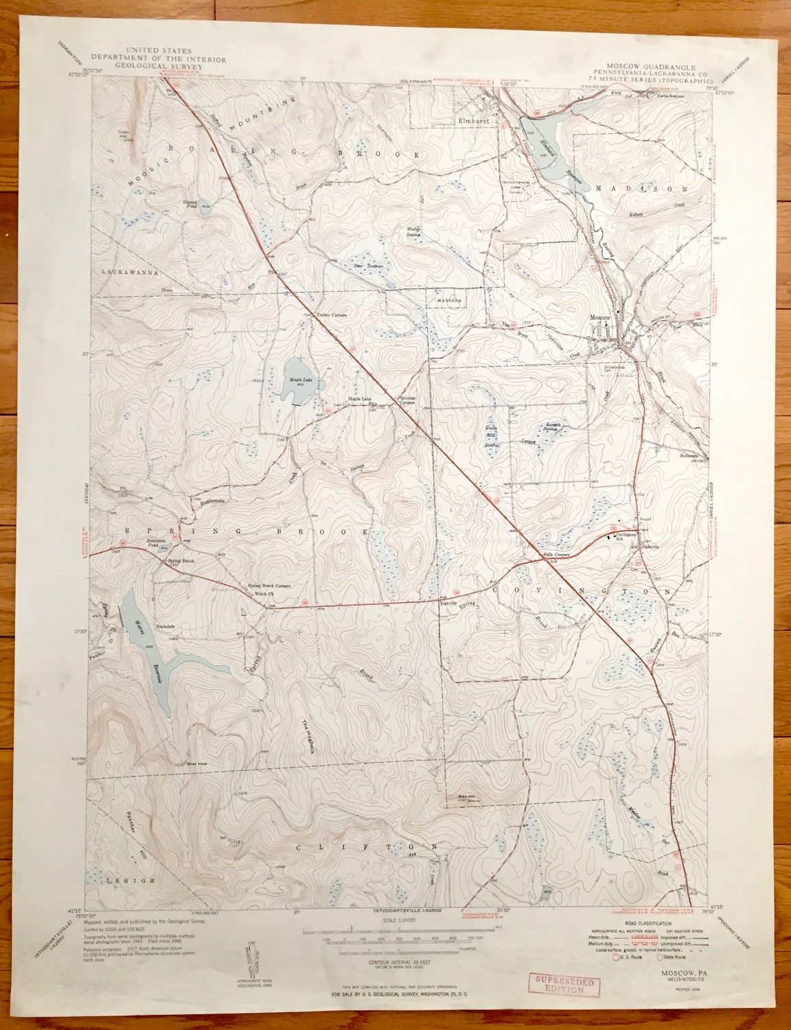 Antique Moscow, Pennsylvania 1949 US Geological Survey Topographic Map – Lackawanna County, Roaring Brook, Covington, Spring, Elmhurst, PA