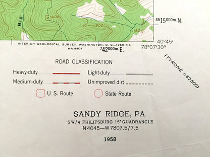 Antique Sandy Ridge, Pennsylvania 1958 US Geological Survey Topographic Map – Rush, Moshannon, Taylor, PA State Game Lands, Worth