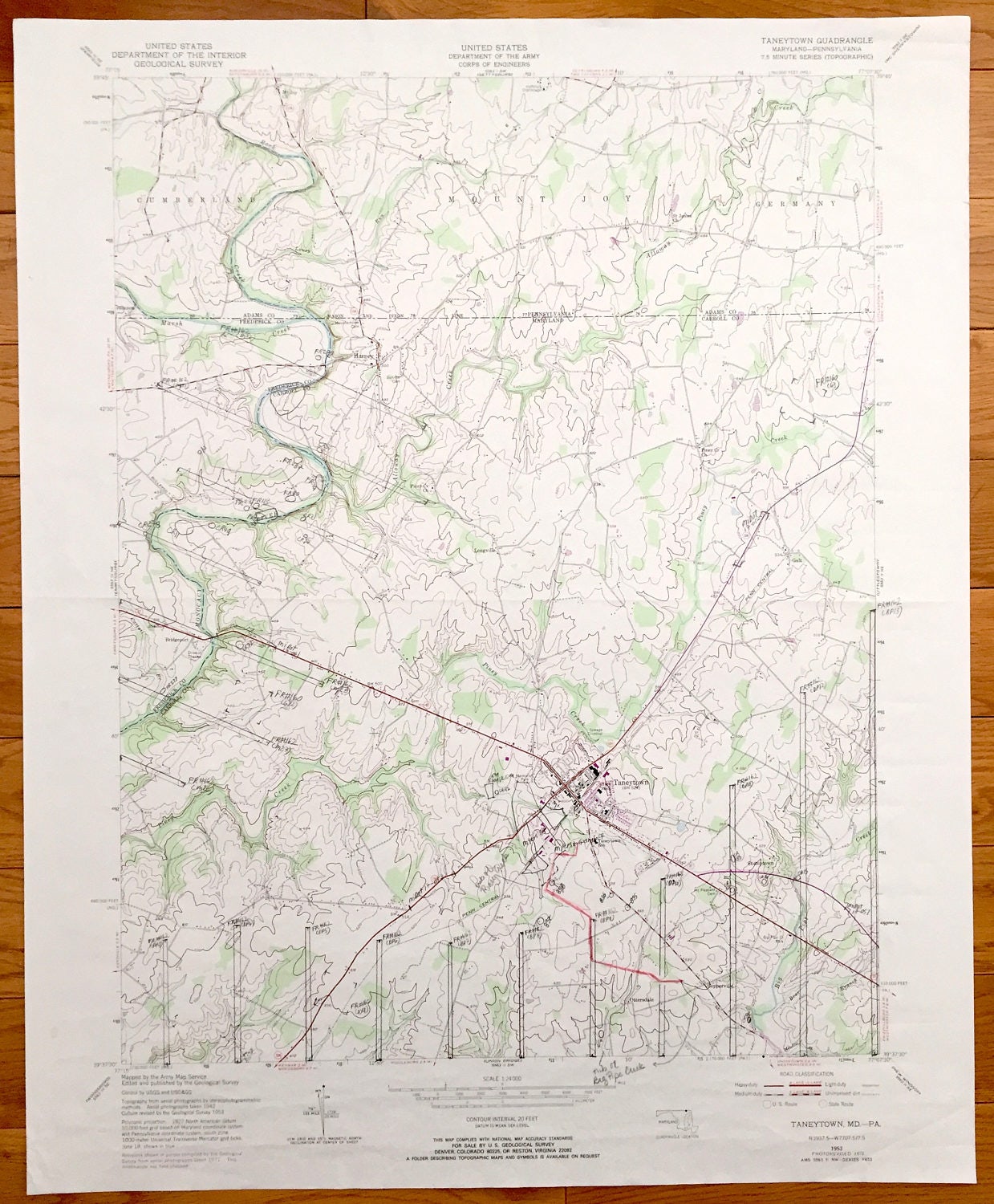 Antique Taneytown, Maryland & Mount Joy, Pennsylvania 1953 US Geological Survey Topographic Map – Stumptown, Germany, Galt, Longville,Harney