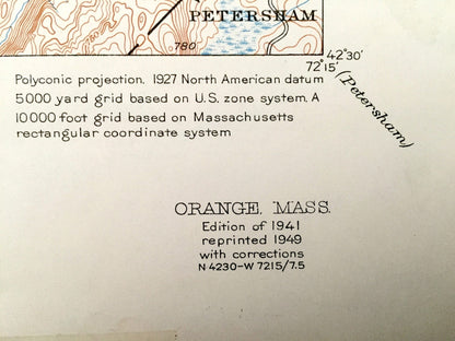 Antique Orange, Massachusetts 1941 US Geological Survey Topographic Map – New Salem, Athol, Erving, Warwick, Wendell, Petersham