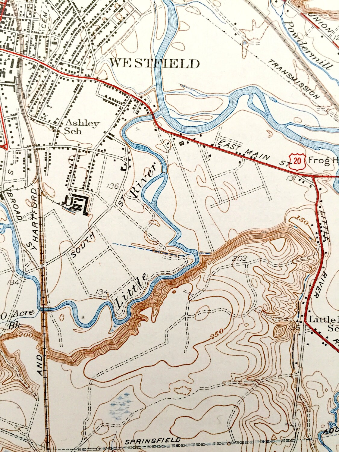 Antique West Springfield, Massachusetts 1938 US Geological Survey Topographic Map – Westfield, Agawam, Southwick, Robinson State Park, CT MA