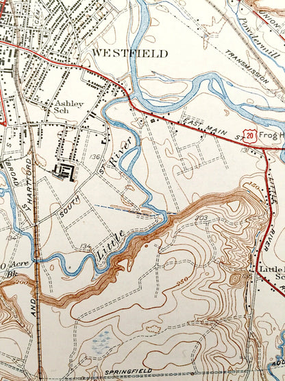 Antique West Springfield, Massachusetts 1938 US Geological Survey Topographic Map – Westfield, Agawam, Southwick, Robinson State Park, CT MA