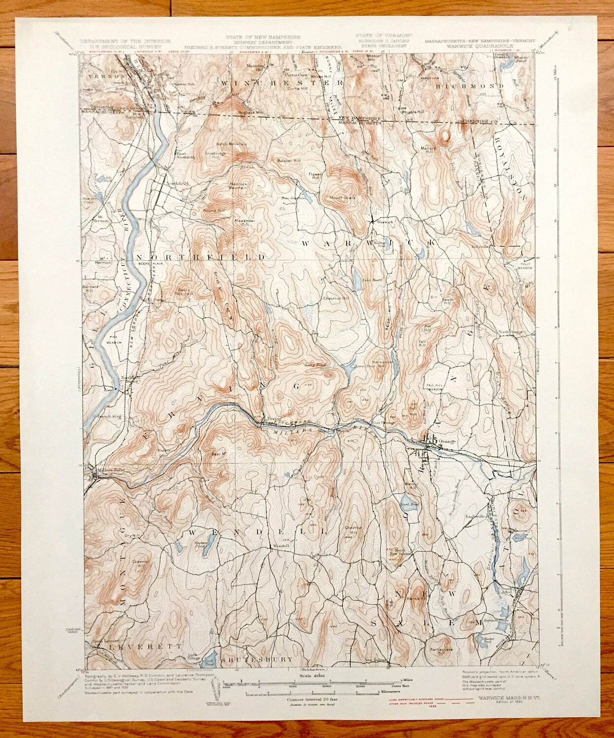 Antique Warwick, Massachusetts 1935 US Geological Survey Topographic Map – Northfield, Erving, Orange, Wendell Winchester Franklin County MA