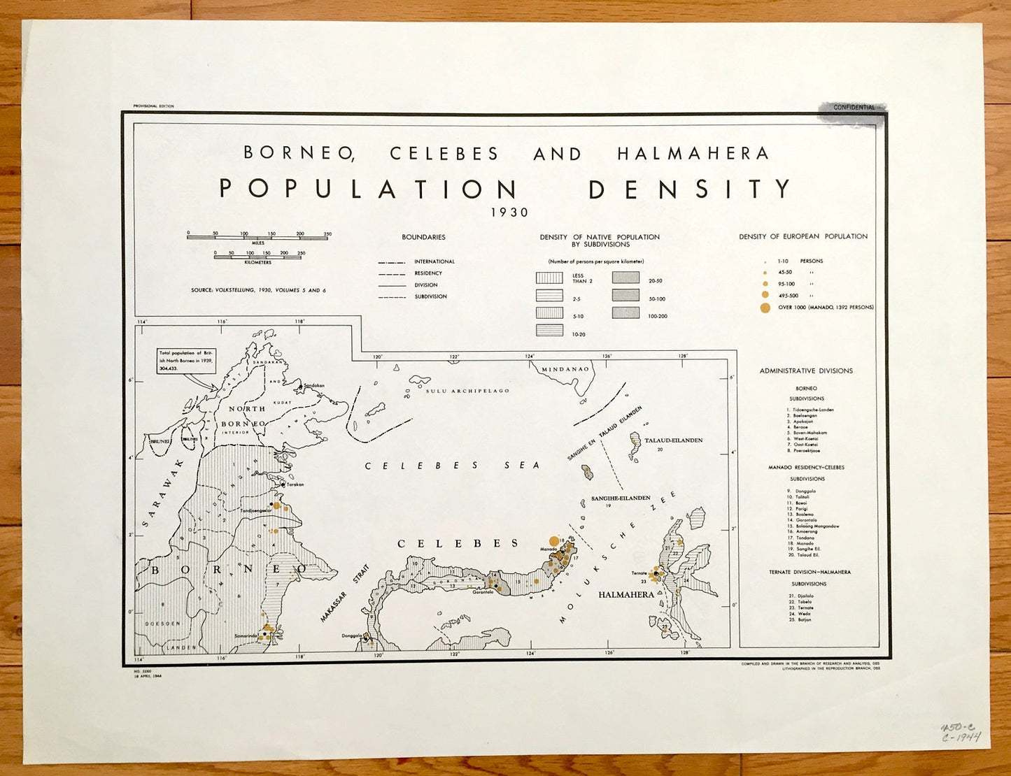 Antique Borneo, Celebes & Halmahere 1930 Population Density Map – Formerly Restricted US Government – Sarawak, Samarinda, Tarakan, Manado