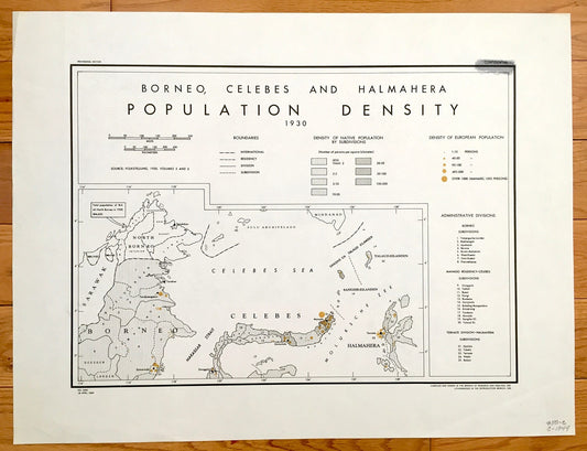 Antique Borneo, Celebes & Halmahere 1930 Population Density Map – Formerly Restricted US Government – Sarawak, Samarinda, Tarakan, Manado