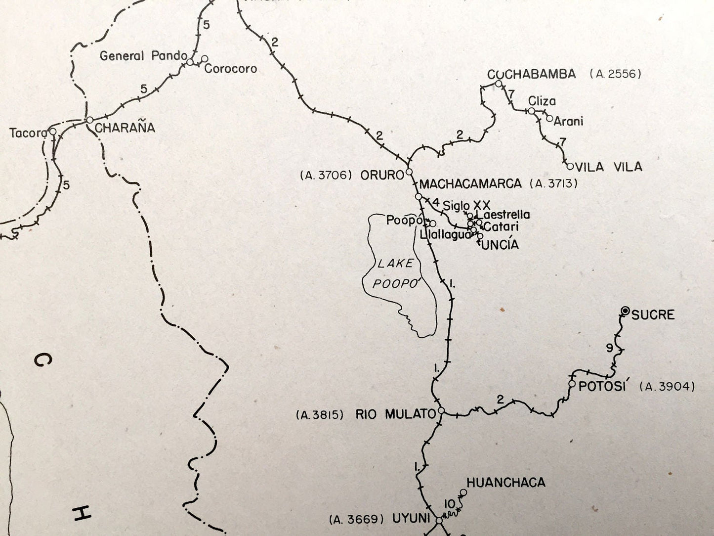 Antique Bolivia 1942 Railroads Map – US Board of Economic Warfare – Antofagasta, Villazon, Huanchaca, Uncia, Lake Poopo, Lake Titicaca