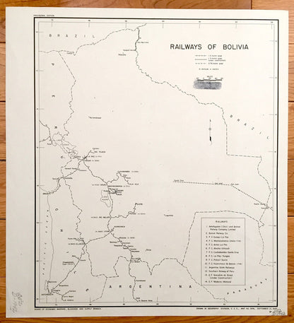 Antique Bolivia 1942 Railroads Map – US Board of Economic Warfare – Antofagasta, Villazon, Huanchaca, Uncia, Lake Poopo, Lake Titicaca