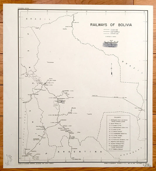 Antique Bolivia 1942 Railroads Map – US Board of Economic Warfare – Antofagasta, Villazon, Huanchaca, Uncia, Lake Poopo, Lake Titicaca