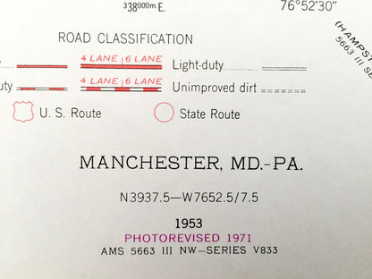 Antique Manchester, Maryland & West Manheim, Pennsylvania 1953 US Geological Survey Topographic Map –  Bachman Mills, Melrose, Bandanna