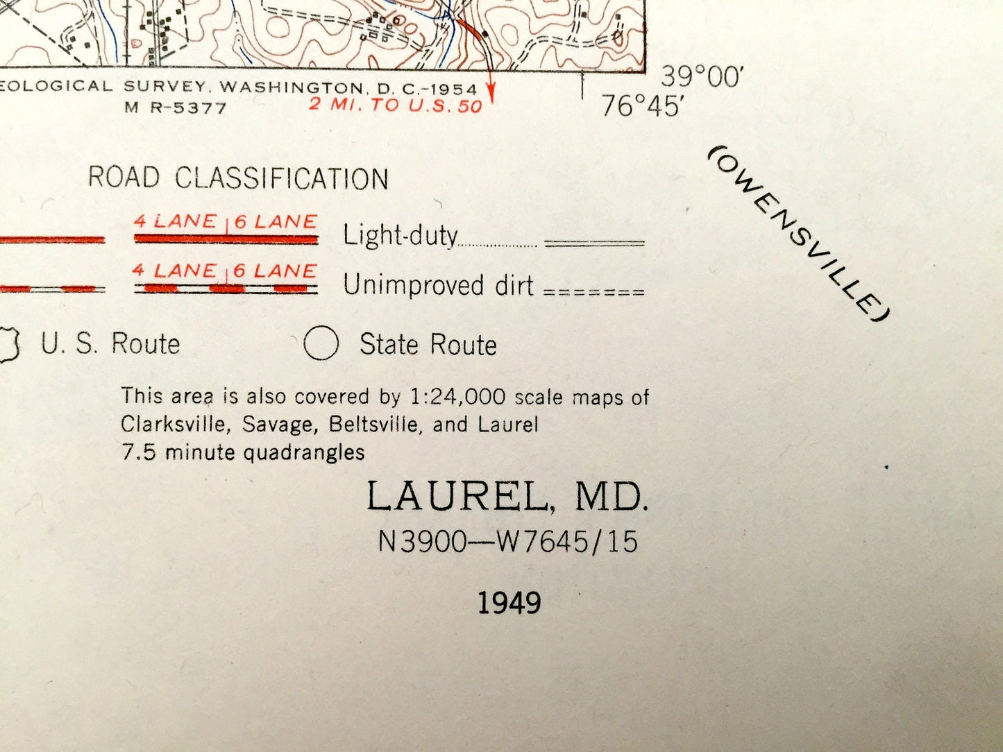 Antique Laurel, Maryland 1949 US Geological Survey Topographic Map – Hollywood, Beltsville, Greenbelt, Savage, Bowie, Jessup, Fort Meade, MD
