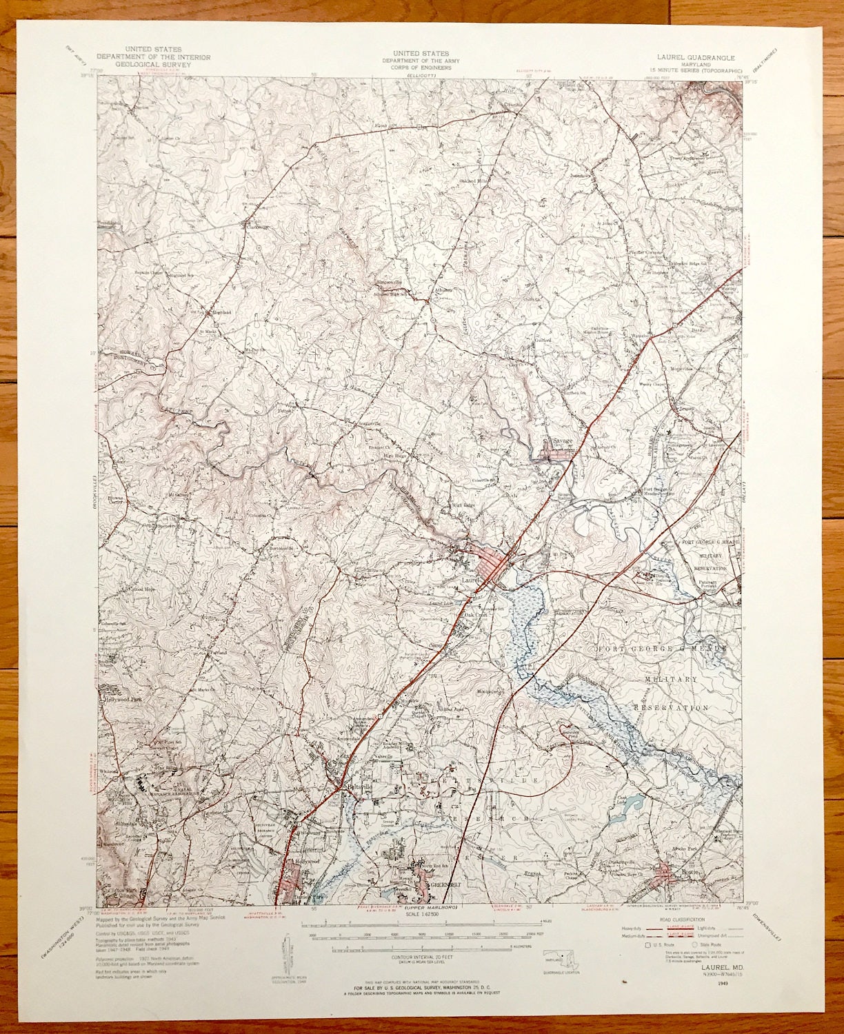 Antique Laurel, Maryland 1949 US Geological Survey Topographic Map – Hollywood, Beltsville, Greenbelt, Savage, Bowie, Jessup, Fort Meade, MD