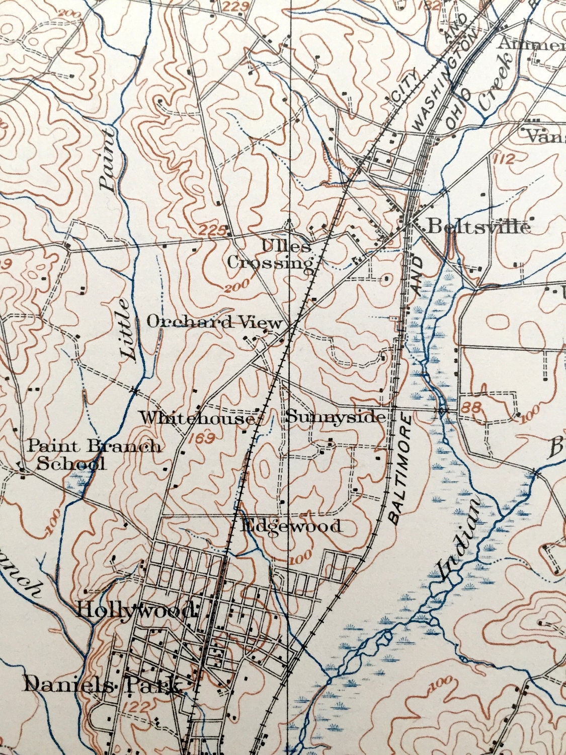 Antique Laurel, Maryland 1915 US Geological Survey Topographic Map – Hollywood, Beltsville, Greenbelt, Savage, Bowie, Jessup, Fort Meade