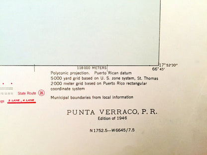 Antique Punta Verraco, Puerto Rico 1946 US Geological Survey Topographic Map - Guanica, Yauco, Guayanilla, Campamento Boriquen, Lluveras