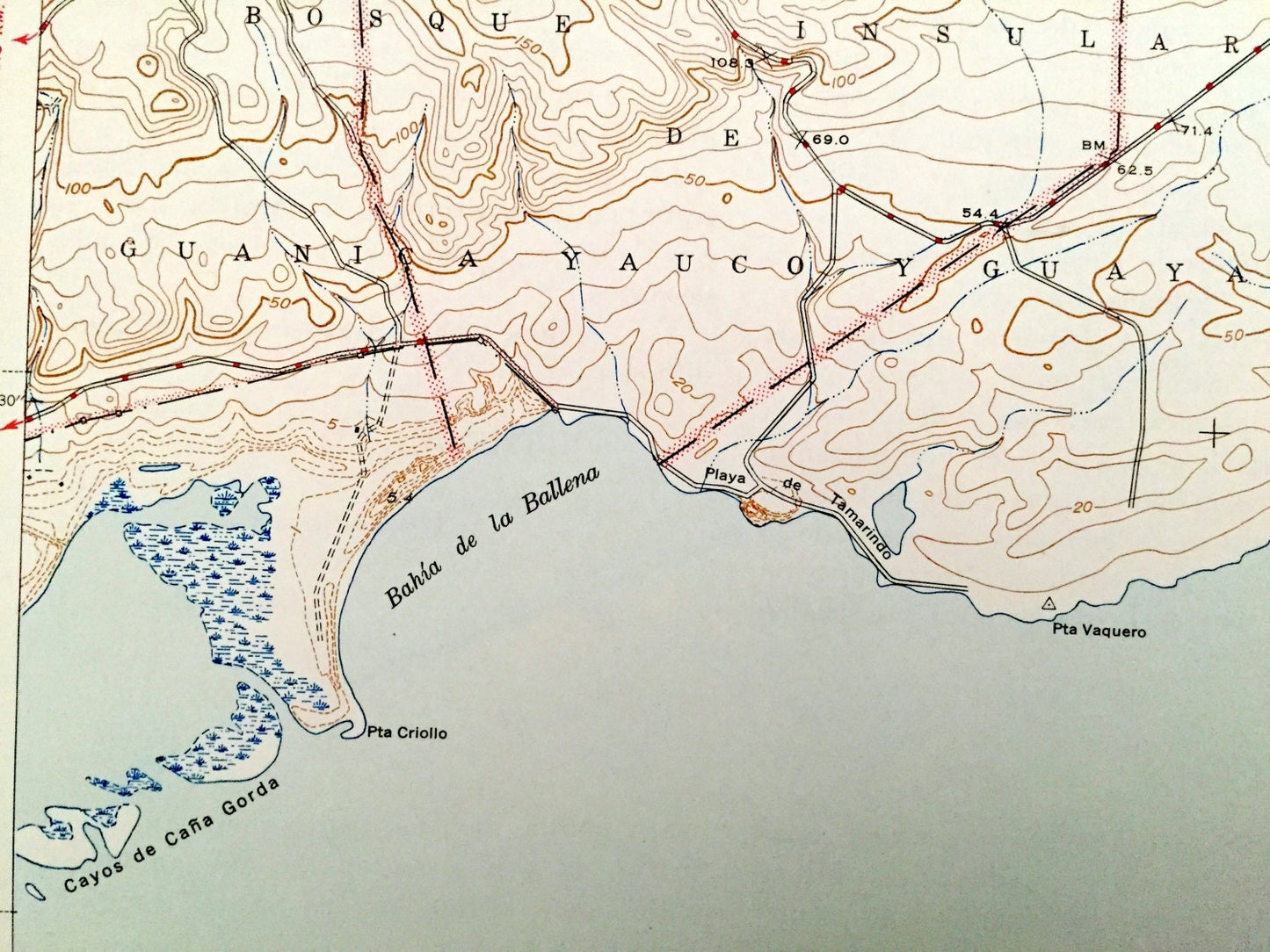 Antique Punta Verraco, Puerto Rico 1946 US Geological Survey Topographic Map - Guanica, Yauco, Guayanilla, Campamento Boriquen, Lluveras