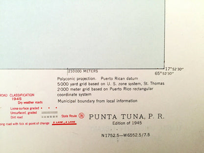 Antique Punta Tuna, Puerto Rico 1945 US Geological Survey Topographic Map – Mar Caribe, Maunabo, Patillas, San Isidro, Punta Viento Hueca PR