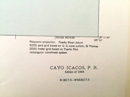 Antique Cayo Icacos, Puerto Rico 1945 US Geological Survey Topographic Map – Fajardo, La Cardillera, Pasaje de San Juan, Cabezas, Vieques PR