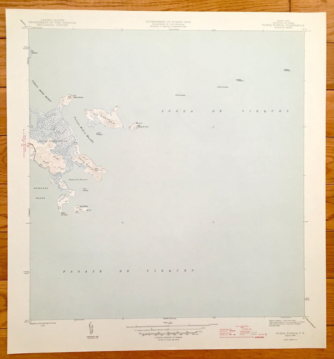 Antique Punta Puerca, Puerto Rico 1946 US Geological Survey Topographic Map – Vieques Sound & Passage, Piñeros, Medio Mundo, Cabras, Ceiba
