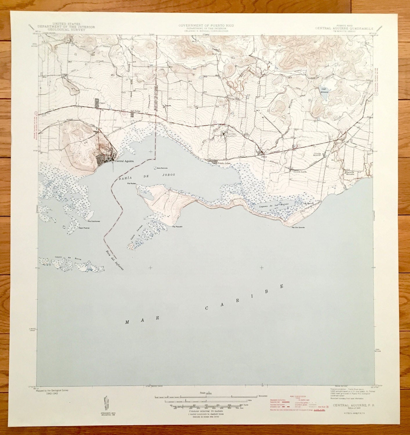 Antique Central Aguirre, Puerto Rico 1945 US Geological Survey Topographic Map – Salinas, Guayama, Coquí, Jobos, Las Mareas, Infierno PR