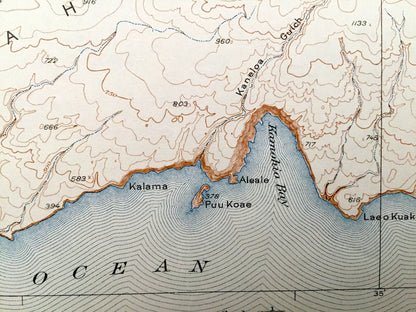 Antique Kahoolawe, Hawaii 1929 US Geological Survey Topographic Map – Makawao District, Heiau, Molokini, Kealaikahiki Kanapou Honokoa Bay HI