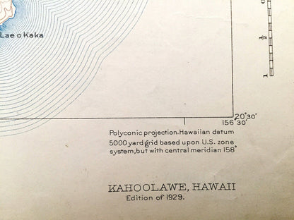 Antique Kahoolawe, Hawaii 1929 US Geological Survey Topographic Map – Makawao District, Heiau, Molokini, Kealaikahiki Kanapou Honokoa Bay HI